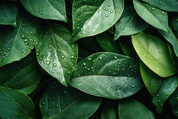 Obraz premium Fresh green leaves adorned with water droplets create a vibrant atmosphere, showcasing nature's beauty and vitality after recent rainfall. Generative AI