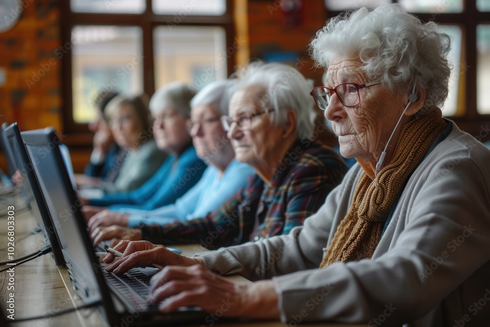 Aufkleber a group of elderly participants focus on their laptops during a computer course designed to improve 