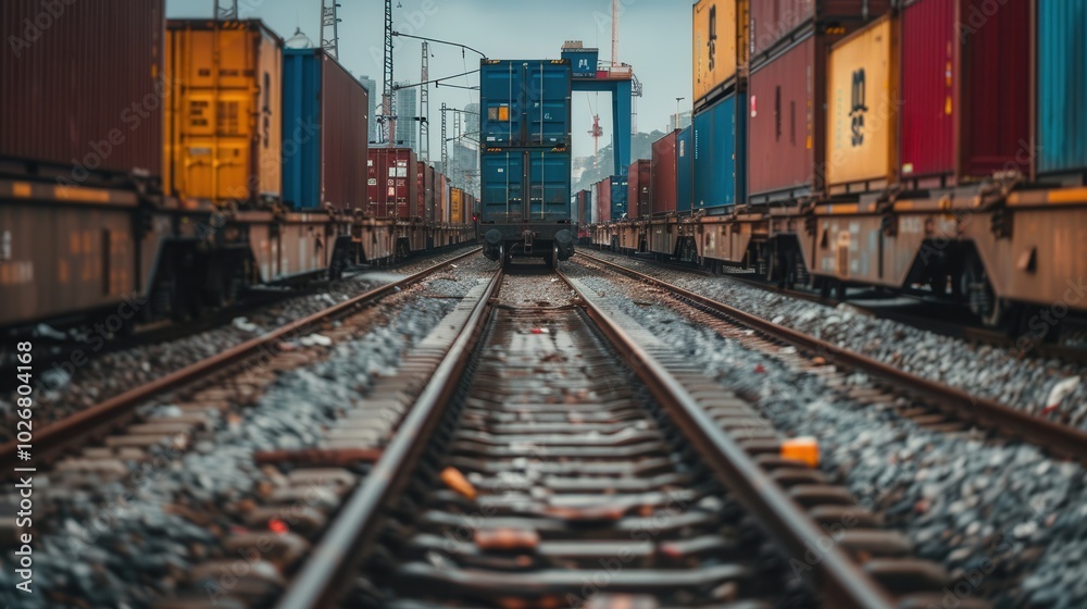 Aufkleber A freight train is actively being loaded with containers, surrounded by tracks and a bustling railway station atmosphere. Generative AI
