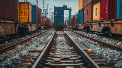 A freight train is actively being loaded with containers, surrounded by tracks and a bustling railway station atmosphere. Generative AI