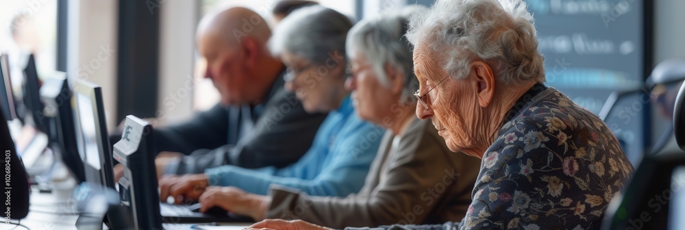 Poster A group of elderly individuals focus on their laptops, learning digital skills in a supportive community center environment. Generative AI