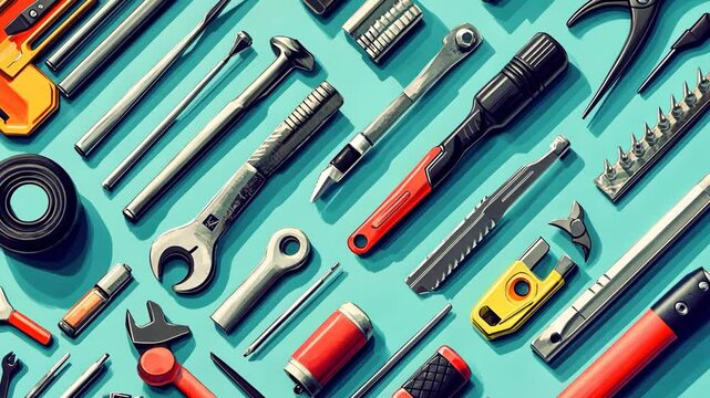 A collection of tools, including wrenches, pliers, and a screwdriver, are arranged on a blue background