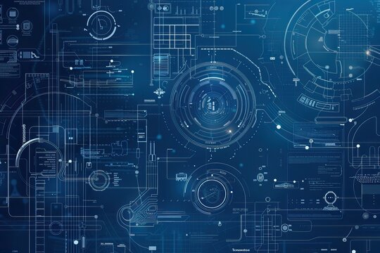 Futuristic blue digital interface with HUD elements and technical diagrams