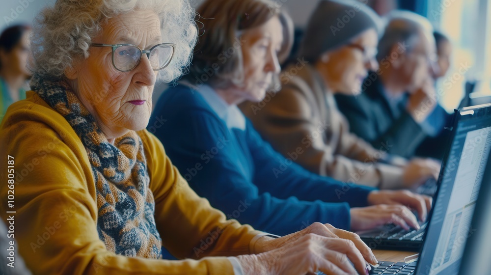 Aufkleber A group of seniors participates in computer courses, focusing intently on their laptops in a well-lit classroom environment. Generative AI