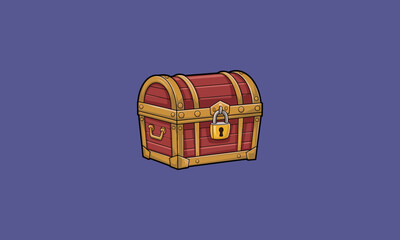 A locked treasure chest with golden trim and red wood.