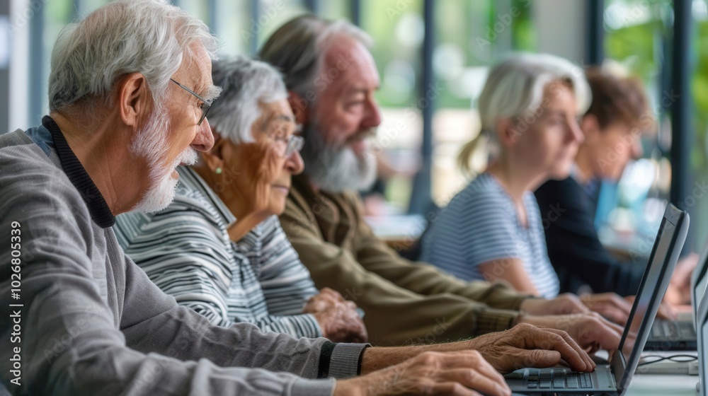 Fototapete A group of older adults focuses on learning digital skills during a computer class at their community center, promoting lifelong learning. Generative AI