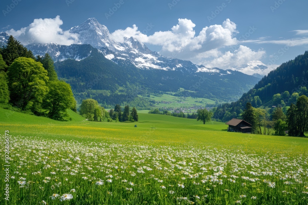 Poster Experience a stunning Swiss spring day with vibrant fields of flowers, towering mountains, and a serene rural setting in full bloom. Generative AI