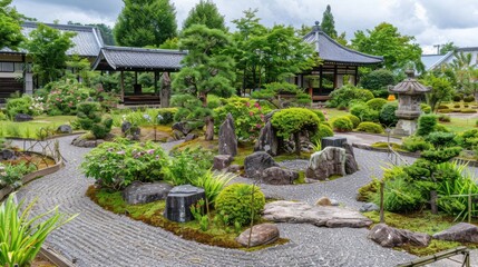 Obraz premium Traditional Japanese Garden with Winding Gravel Path and Stone Lanterns