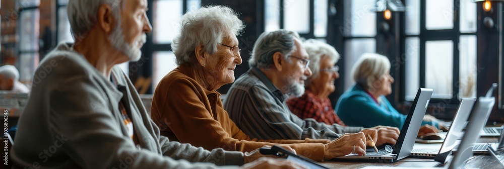 Poster a group of elderly people participates in computer courses, focusing intently on laptops at a commun