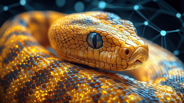 a bright yellow snake symbolizing python programming and automation concept
