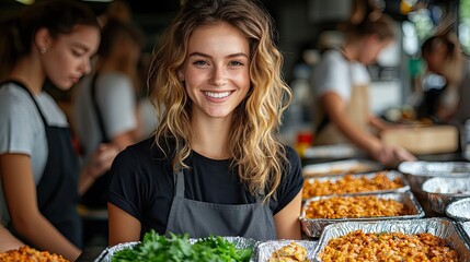 a cheerful volunteer hands out food at a charity event symbolizing community support and generosity
