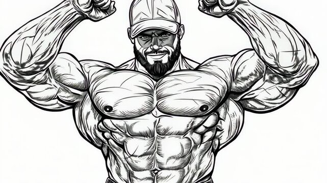 A black and white illustration of a muscular man flexing his biceps