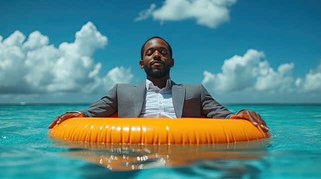 a man in a business suit relaxing on an orange pool float symbolizing work life balance