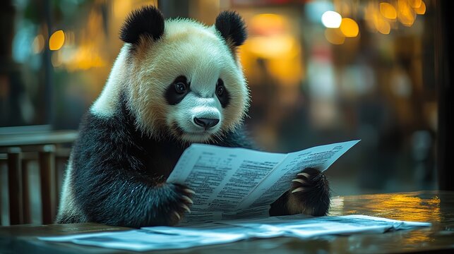 a panda analyzing data sheets symbolizing the pandas python package for data manipulation and analysis