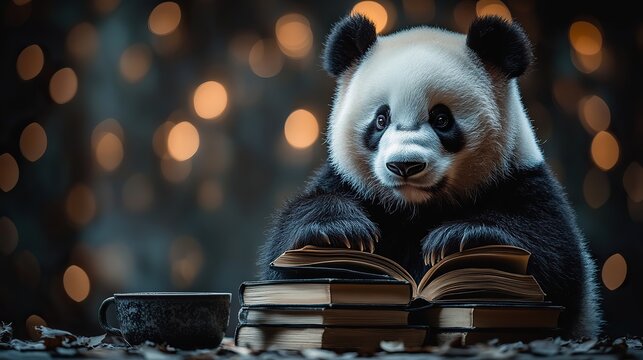 a panda bear studying data with books a cup and a world map symbolizing data analysis using the pandas python package
