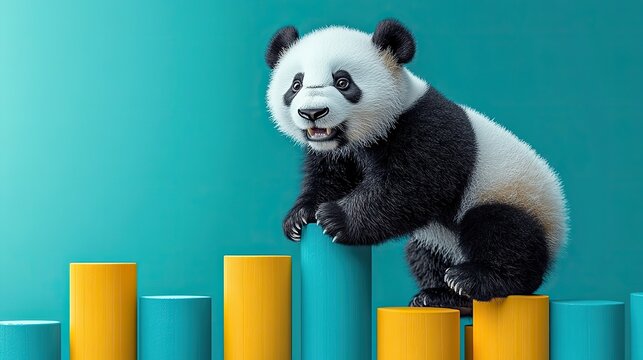 a panda bear is climbing colorful bar charts symbolizing data analysis and manipulation using the pandas library in data science