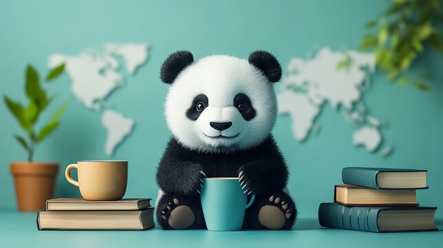 a panda bear studying data with books a cup and a world map symbolizing data analysis using the pandas python package
