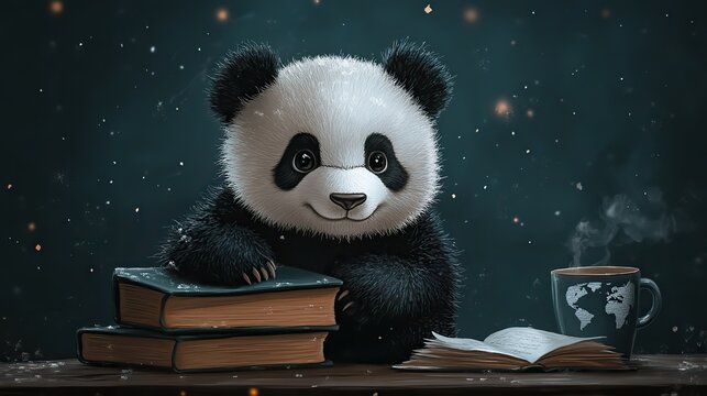 a panda bear studying data with books a cup and a world map symbolizing data analysis using the pandas python package