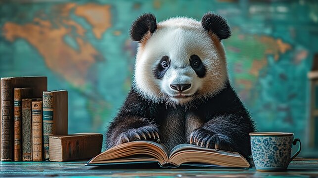 a panda bear studying data with books a cup and a world map symbolizing data analysis using the pandas python package