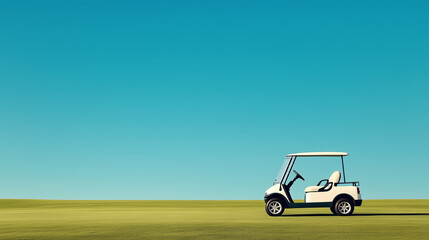 The bright morning light highlights a lone golf cart parked on a lush green fairway, with an expansive blue sky above it