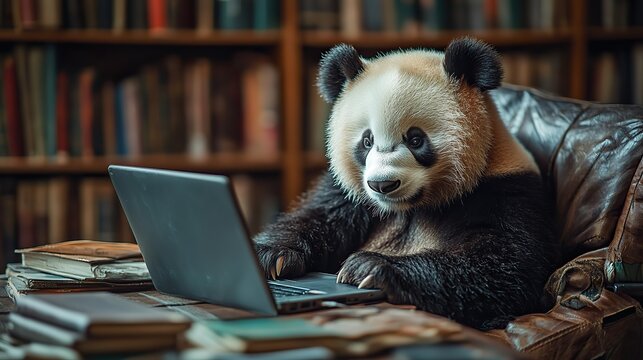 a panda using a laptop and tablet in a library symbolizes data manipulation and analysis using the pandas python package