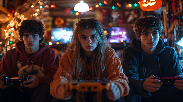 Three friends gaming with controllers, colorful lights in the background.