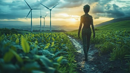 Fototapeta premium a person made of leaves walks towards wind turbines symbolizing the transition from industrial pollution to sustainable living