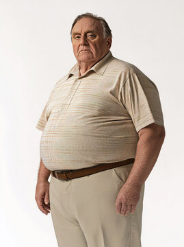 Serious elderly overweight man with cushing syndrome posing on bright background