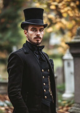 Young Elegant undertaker man wearing top hat and suit posing in a cemetery