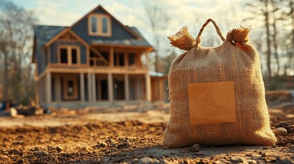 a sack labeled personal loan in front of a house under construction symbolizing financing for home building or renovation