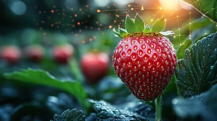 a strawberry intertwined with digital network lines symbolizing the fusion of natural and artificial intelligence in the new llm model codename strawberry
