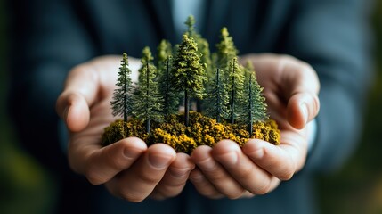 businessman holding a model of a forest symbolizing environmental responsibility and sustainable business practices