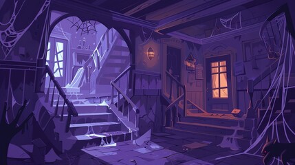A spooky haunted house scene filled with ghosts, cobwebs, and creaky stairs. The eerie maze of rooms leads through the house, with each dark corner shrouded in mystery. 