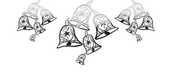 Five golden christmas bells hanging on black background