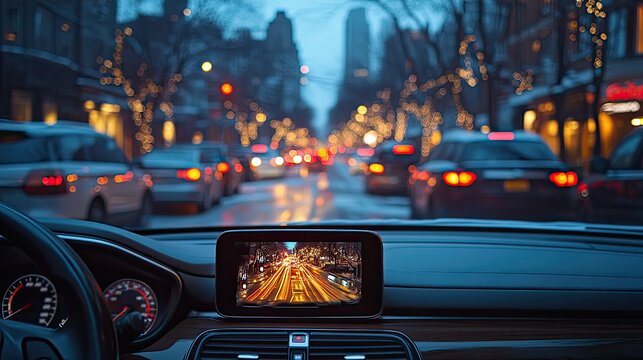 car camera setup capturing traffic scene with a dash cam mounted on the windshield