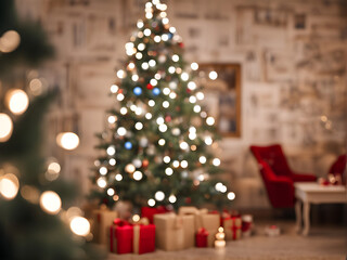 Beautiful holiday decorated room with Christmas tree and bright lights , out of focus shot for photo background. Blur christmas background.