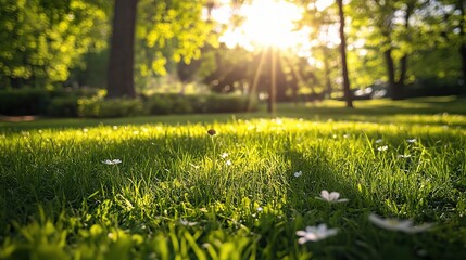 Sunlit Meadow with Green Grass and Flowers