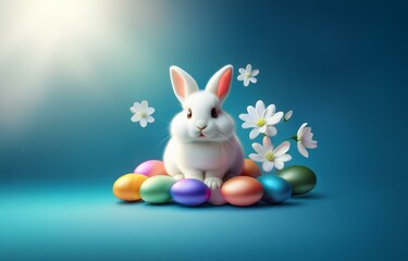 Fototapeta premium A white bunny sits on a bed of brightly colored Easter eggs surrounded by white flowers against a blue background.