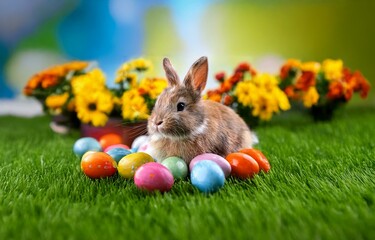 A brown bunny sits on a patch of green grass with a few colorful Easter eggs.