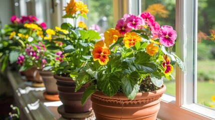 Bright Pansy Flowers in Colorful Pots by a Window