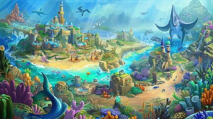 Fototapeta premium Underwater Fantasy City with Flying Manta Rays and Coral Reefs