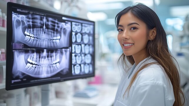 dentist examining a dental x ray on a monitor focusing on teeth and jaw diagnostics