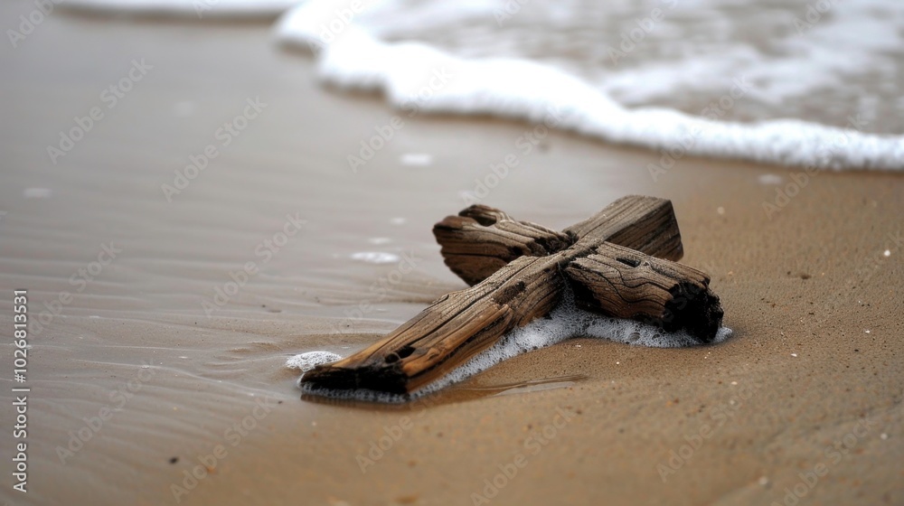 Wall mural Driftwood Cross on Serene Beachside Scene