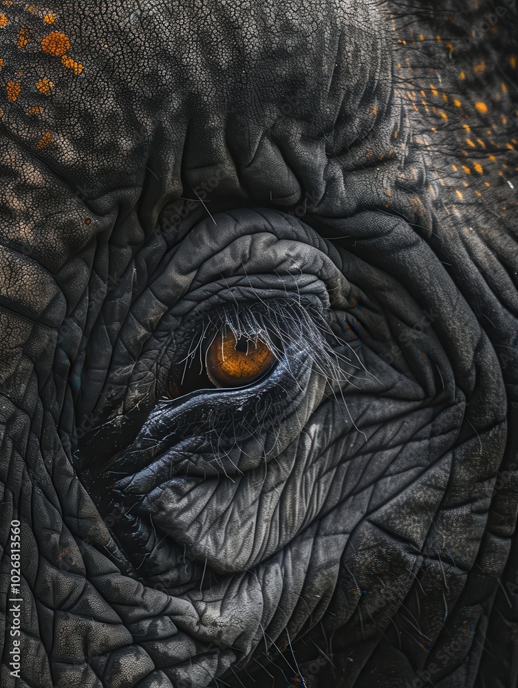 Poster Examining the close-up details of an elephant's eye highlights the unique texture of its skin and the depth of its captivating gaze. Generative AI