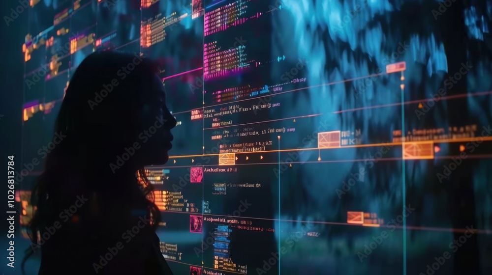 Poster person in front of digital code and data visualization