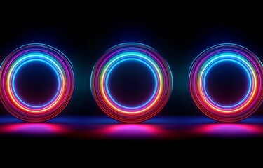 Three glowing circles with multicolored neon lights against a black background.