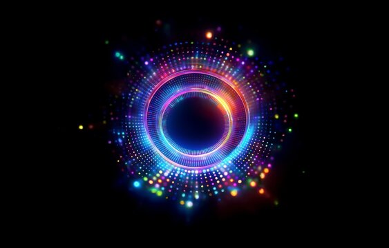 A glowing circular abstract design featuring vibrant colors and bokeh.