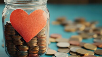 hands holding a jar filled with coins and a heart symbolizing charity and donations