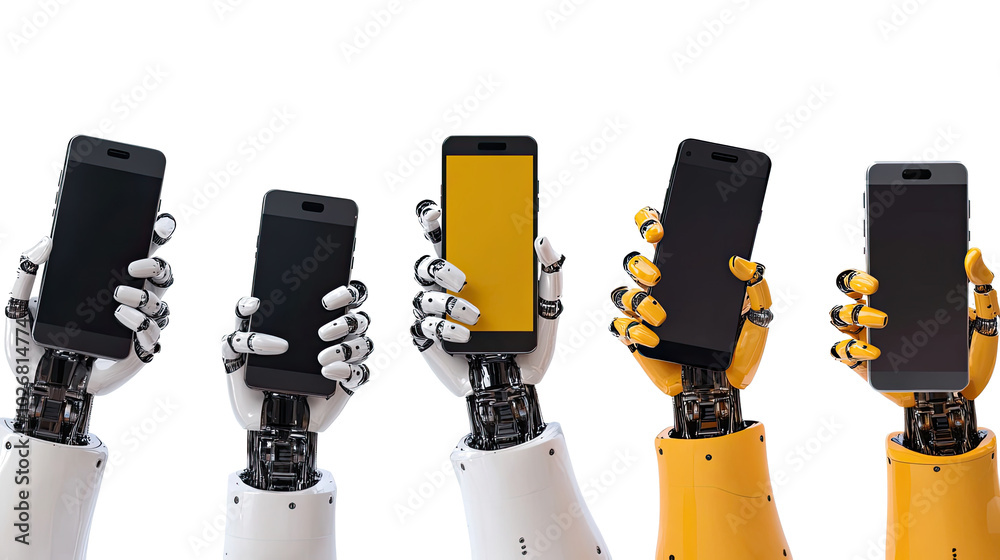 Poster robot hands displaying various smartphones in a modern setting generative ai