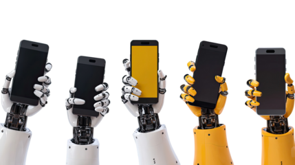Robot Hands Displaying Various Smartphones in a Modern Setting Generative AI